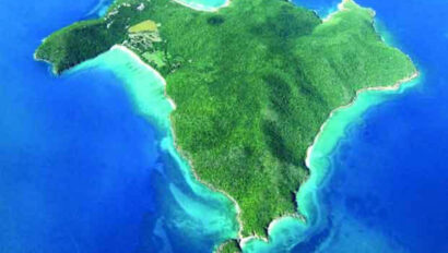 An aerial view of a green island in the ocean.