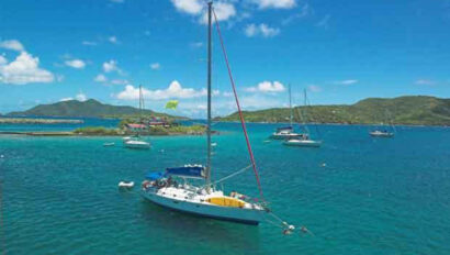 A group of sailboats moored in the water.