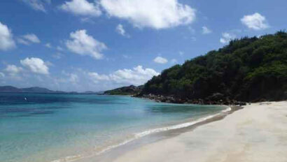 A white sandy beach with blue water and green trees.