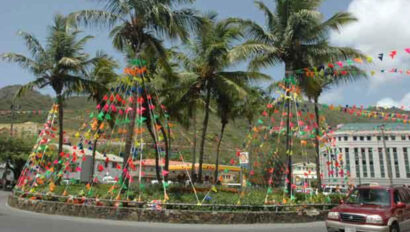 A street with palm trees and colorful flags.