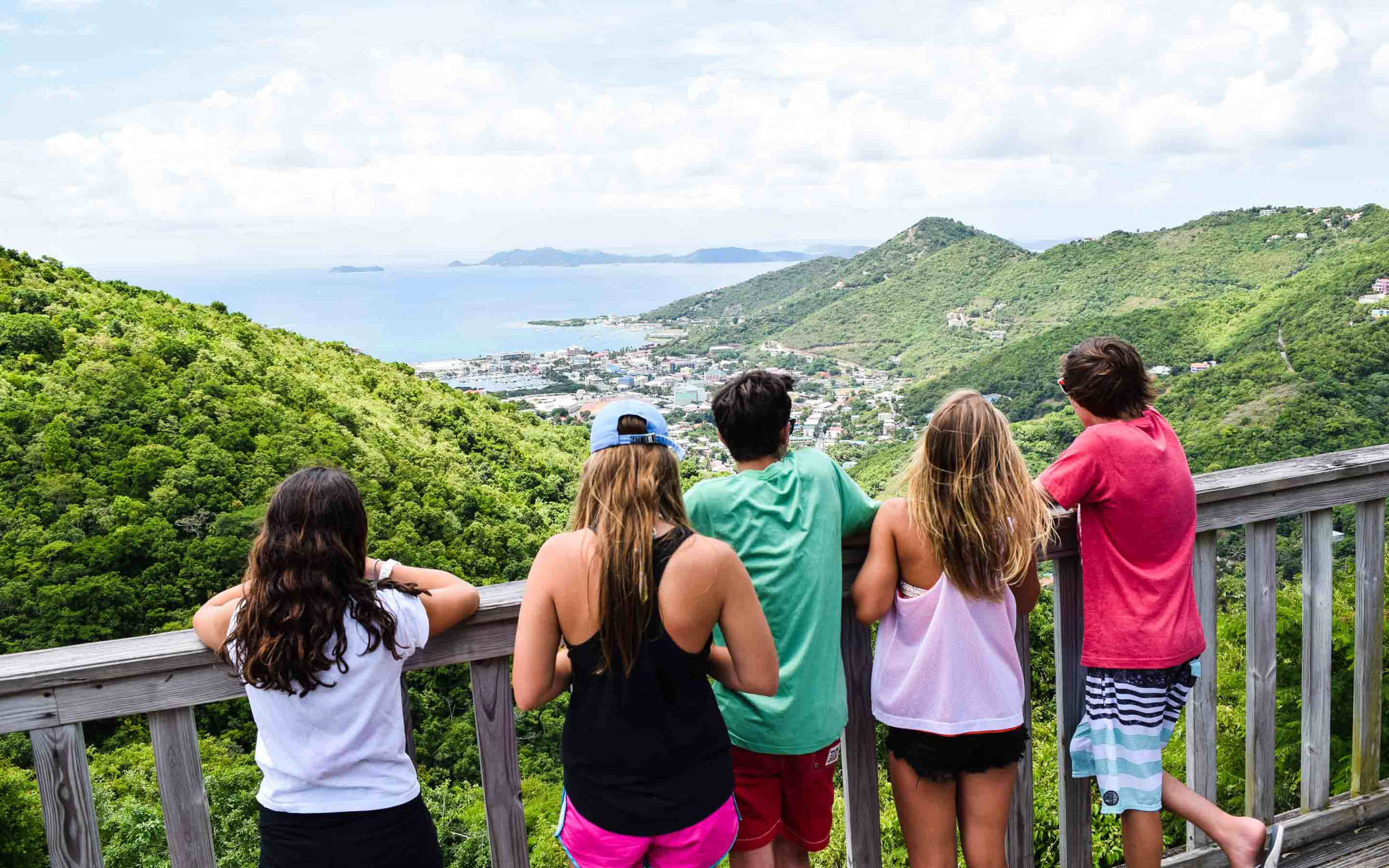 A group of people standing on a railing overlooking a mountain.