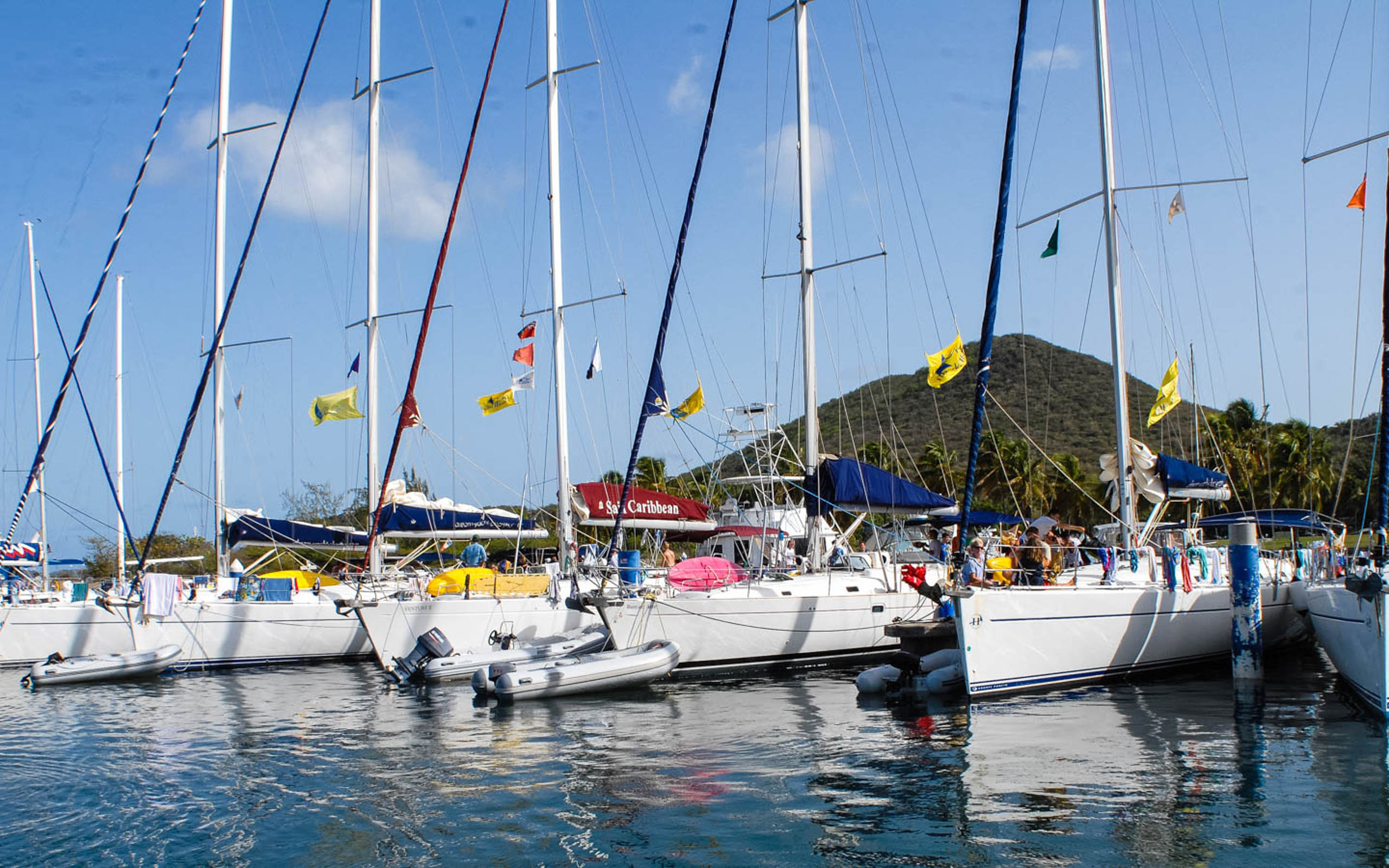 A group of sailboats docked in a marina.