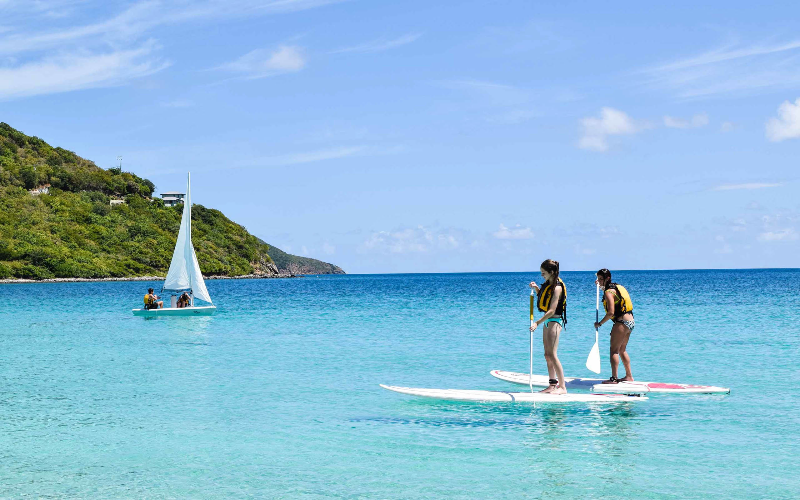 Two people stand up paddle boarding in the water.