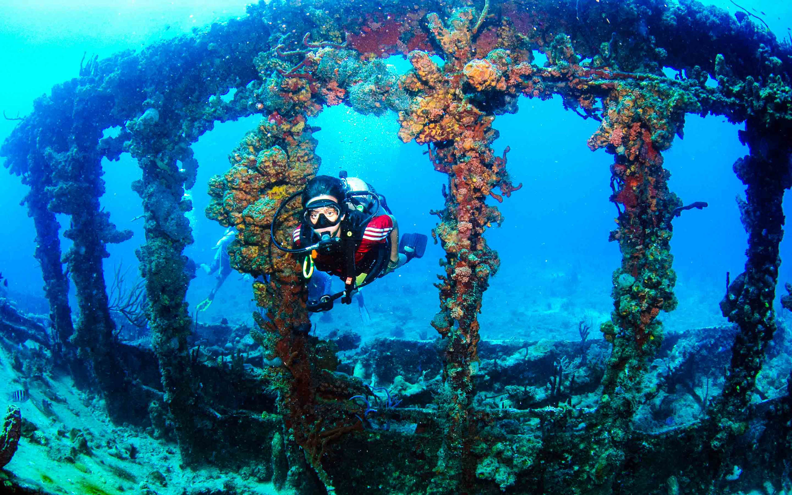 A scuba diver is diving in the wreck of a ship.