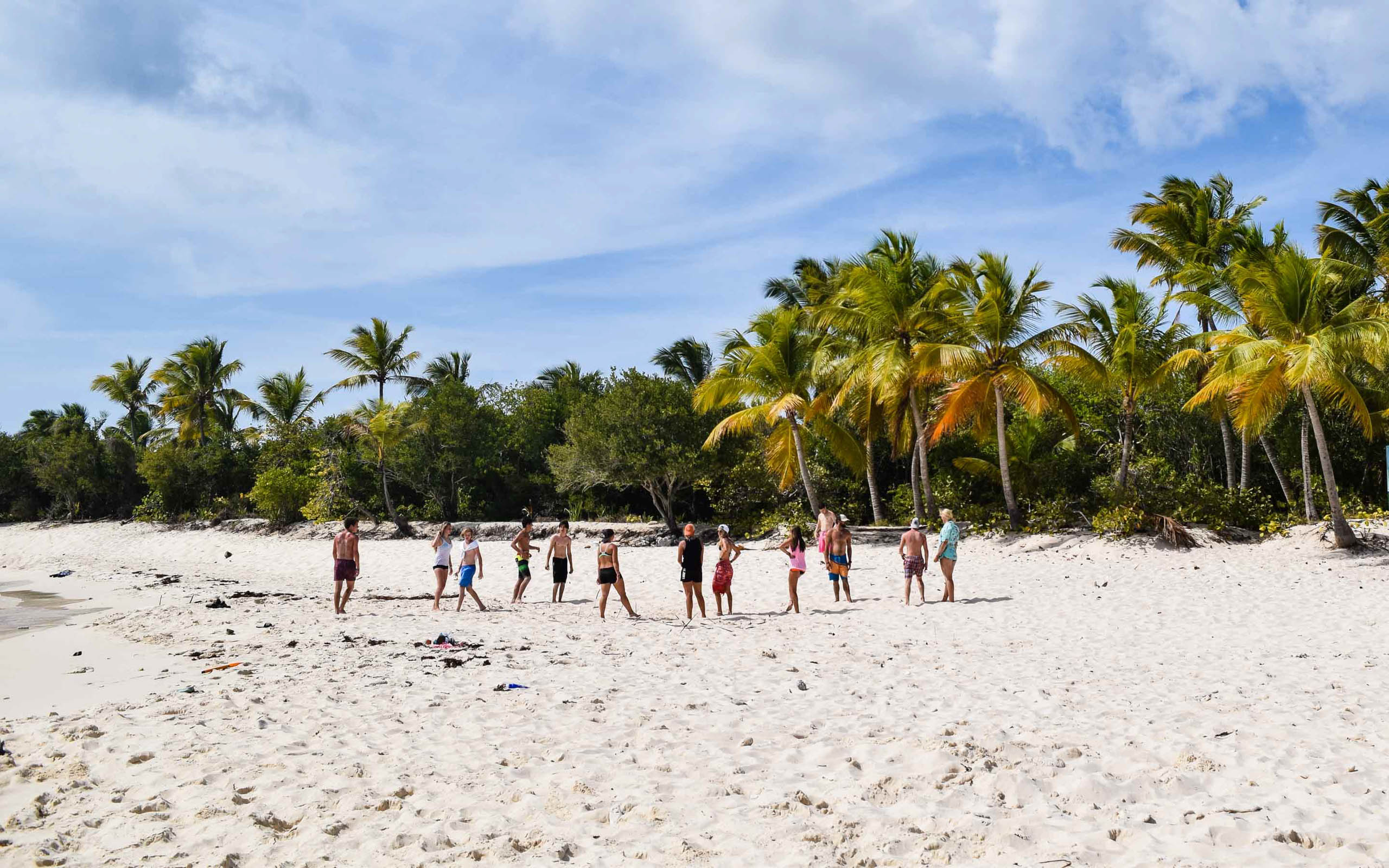 A group of people standing on a sandy beach.