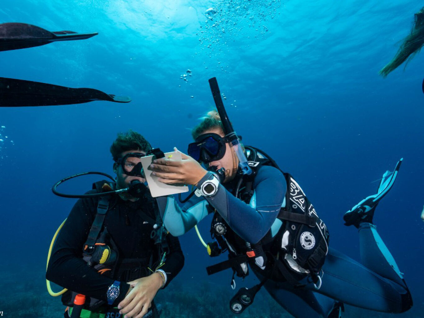 Campers taking notes under water.