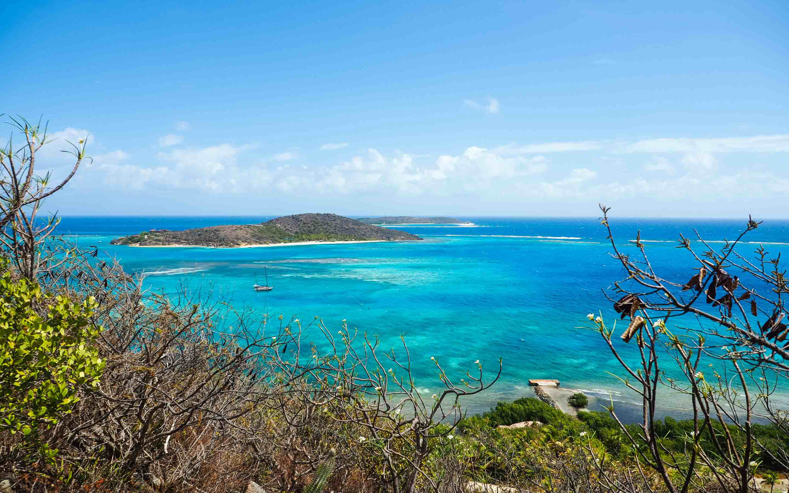 A view from a hill overlooking an island and blue water.