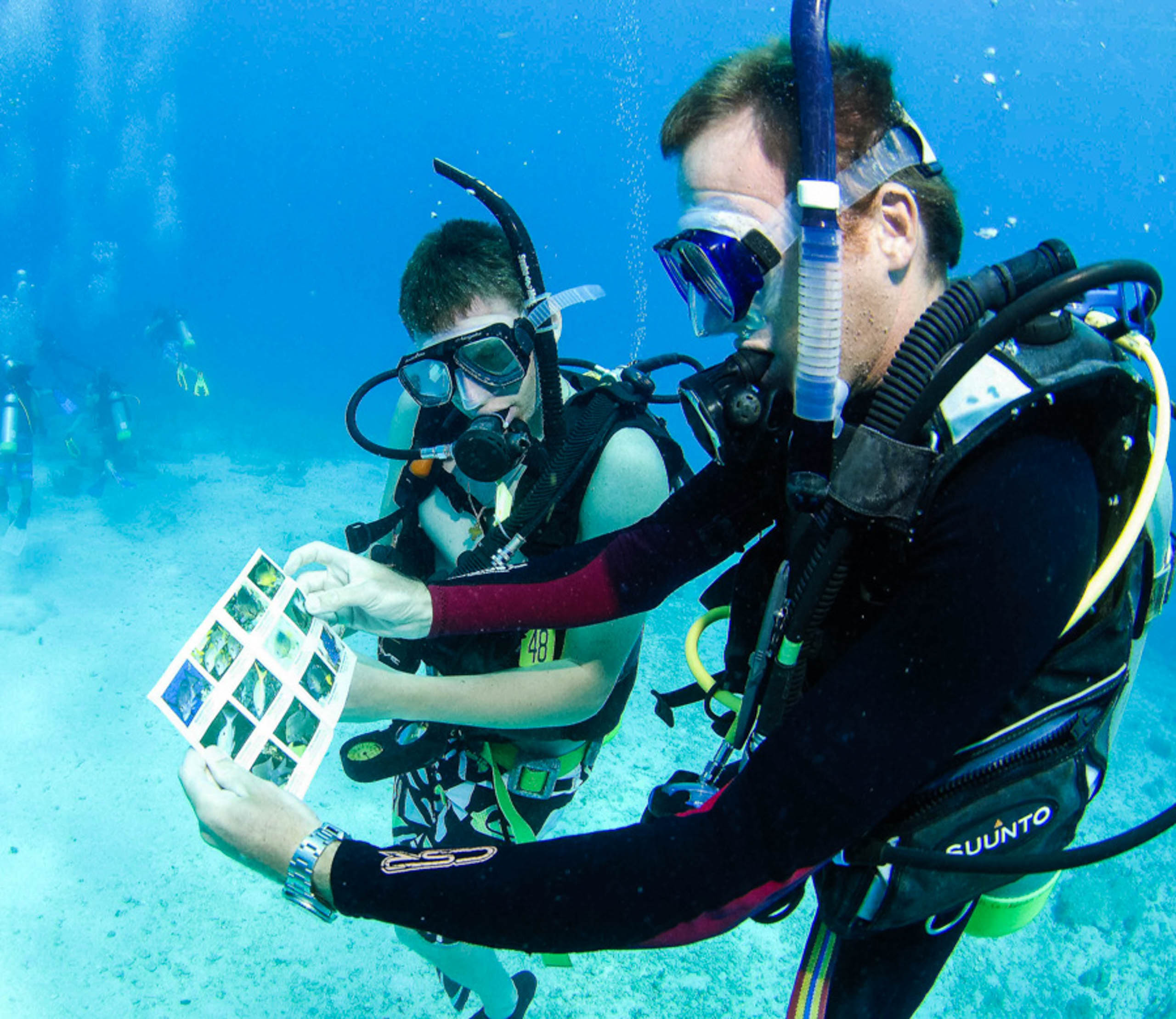Staff member giving underwater scuba instruction.