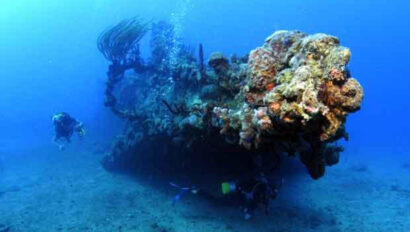 A diver is scuba diving near a shipwreck.