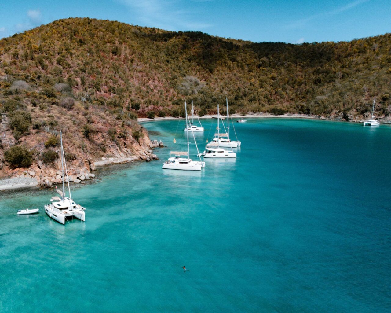 A group of sailboats docked in the water near a hill.